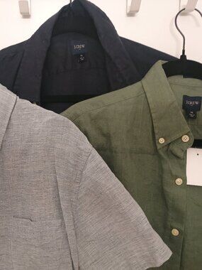 Lot of 3 short sleeve linen J Crew button down shirts in blue, green slim medium